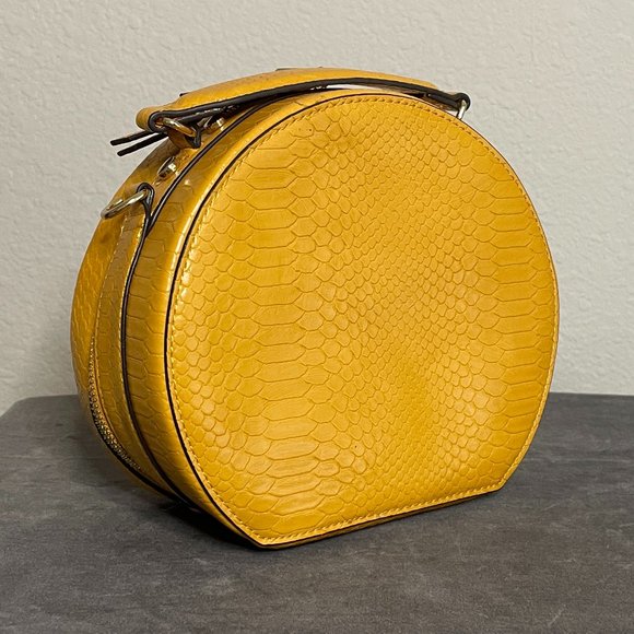 INC International Concepts Yellow Leather Round Box Purse with Adjustable Strap - Picture 3 of 9